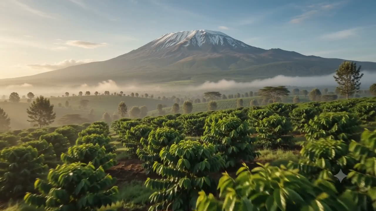 Sunrise over the coffee farms on the volcanic slopes of Mount Kilimanjaro in Tanzania