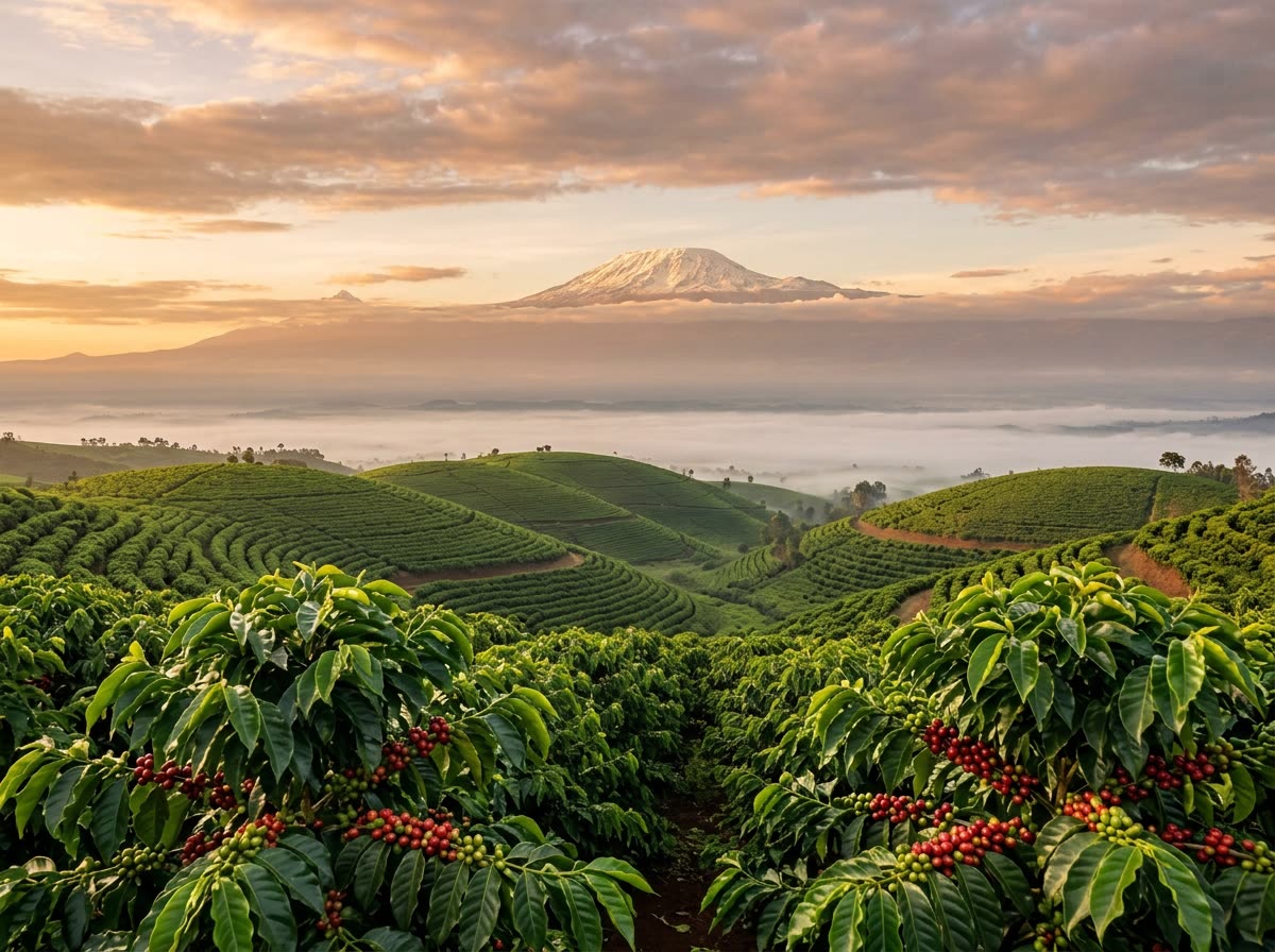 Ripe red coffee cherries on terraced hillside farms below snow-capped Mount Kilimanjaro at sunrise, Tanzania