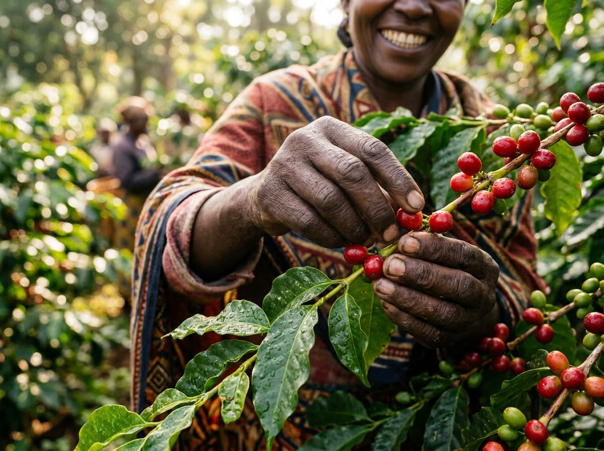 A smiling Tanzanian coffee farmer hand-picking ripe red coffee cherries at harvest on a family farm